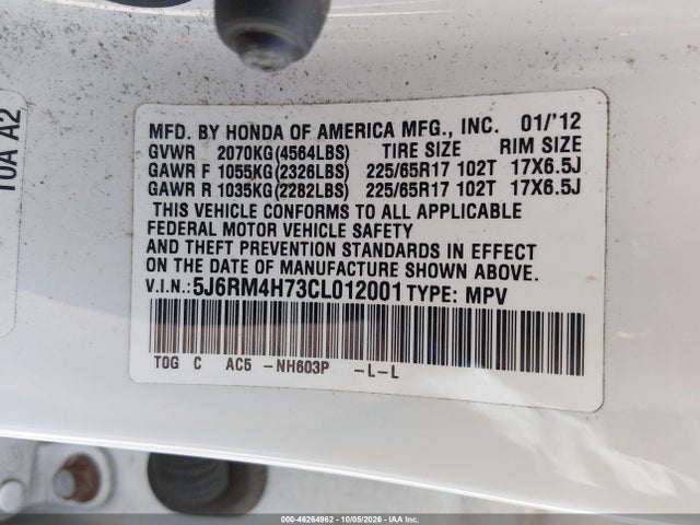 Продаж на аукціоні авто 2012 Honda Cr-v Ex-l, vin: 5J6RM4H73CL012001, номер лоту: 46264962