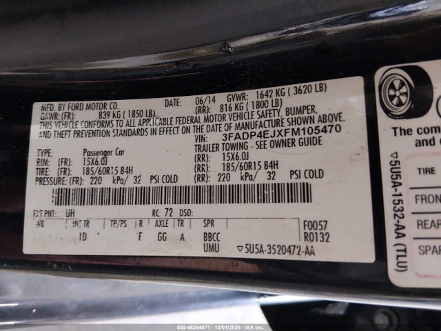 Aukcja sprzedaży 2015 Ford Fiesta Se, vin: 3FADP4EJXFM105470, numer aukcji: 46264971