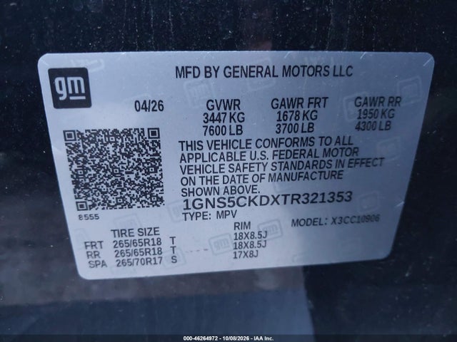 Продаж на аукціоні авто 2026 Chevrolet Suburban Lt, Rwd, vin: 1GNS5CKDXTR321353, номер лоту: 46264972