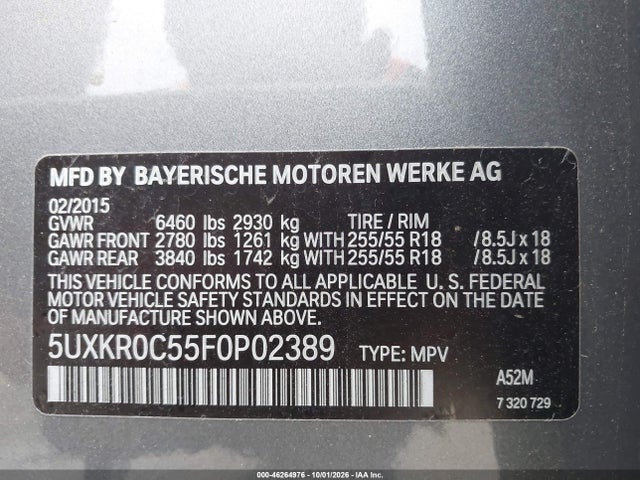 2015 Bmw X5 Xdrive35i მანქანა იყიდება აუქციონზე, vin: 5UXKR0C55F0P02389, აუქციონის ნომერი: 46264976