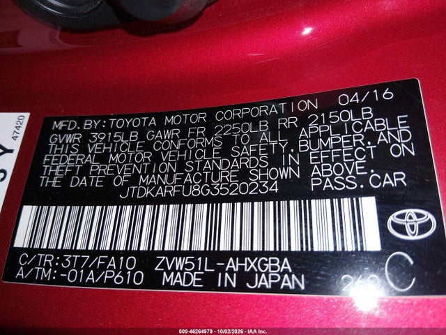 46264979 :رقم المزاد ، JTDKARFU8G3520234 vin ، 2016 Toyota Prius Three مزاد بيع