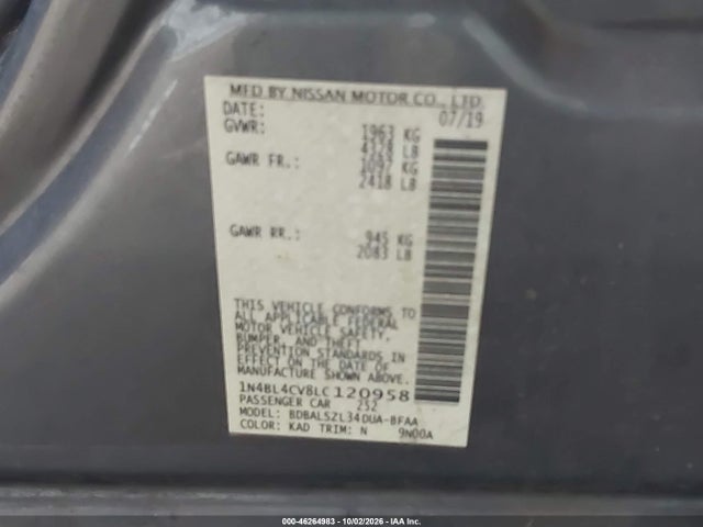 Aukcja sprzedaży 2020 Nissan Altima Sr Fwd, vin: 1N4BL4CV8LC120958, numer aukcji: 46264983