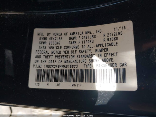 46265002 :رقم المزاد ، 1HGCR3F84HA016923 vin ، 2017 Honda Accord Ex-l V6 مزاد بيع