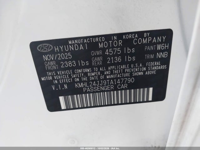 46265012 :رقم المزاد ، KMHL24JJ9TA147790 vin ، 2026 Hyundai Sonata Hybrid Blue مزاد بيع