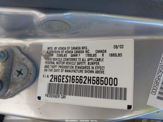 Продажа на аукционе авто 2002 Honda Civic Lx, vin: 2HGES16562H585000, номер лота: 46265023