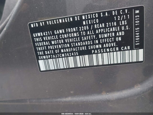 Aukcja sprzedaży 2012 Volkswagen Jetta 2.5l Se, vin: 3VWDP7AJ7CM362435, numer aukcji: 46265034
