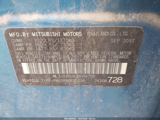 2018 Mitsubishi Mirage Es მანქანა იყიდება აუქციონზე, vin: ML32A3HJ0JH004706, აუქციონის ნომერი: 46265052