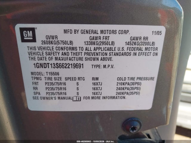 46265063 :رقم المزاد ، 1GNDT13S662219691 vin ، 2006 Chevrolet Trailblazer Ls مزاد بيع