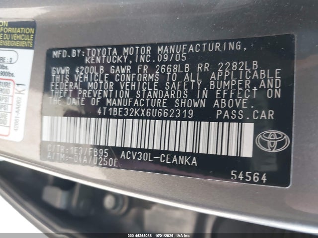 Продаж на аукціоні авто 2006 Toyota Camry Std, vin: 4T1BE32KX6U662319, номер лоту: 46265088