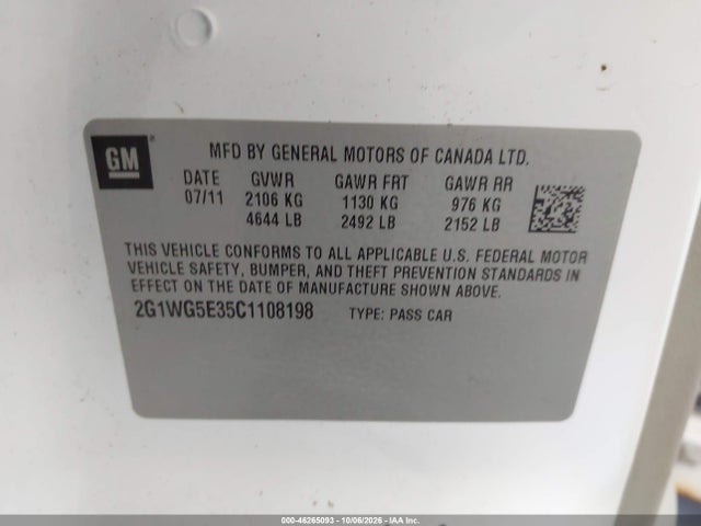46265093 :رقم المزاد ، 2G1WG5E35C1108198 vin ، 2012 Chevrolet Impala Lt مزاد بيع