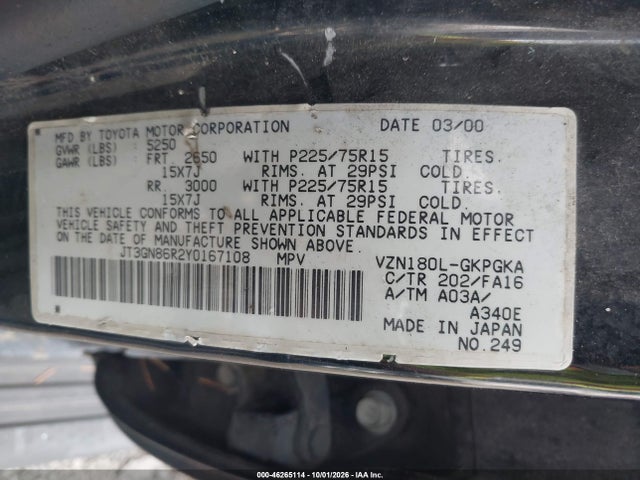 46265114 :رقم المزاد ، JT3GN86R2Y0167108 vin ، 2000 Toyota 4runner Sr5 V6 مزاد بيع