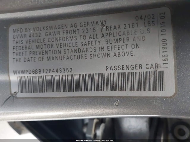 Продажа на аукционе авто 2002 Volkswagen Passat Gls, vin: WVWPD63B12P443352, номер лота: 46265119