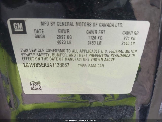 46265131 :رقم المزاد ، 2G1WB5EK3A1138867 vin ، 2010 Chevrolet Impala Lt مزاد بيع