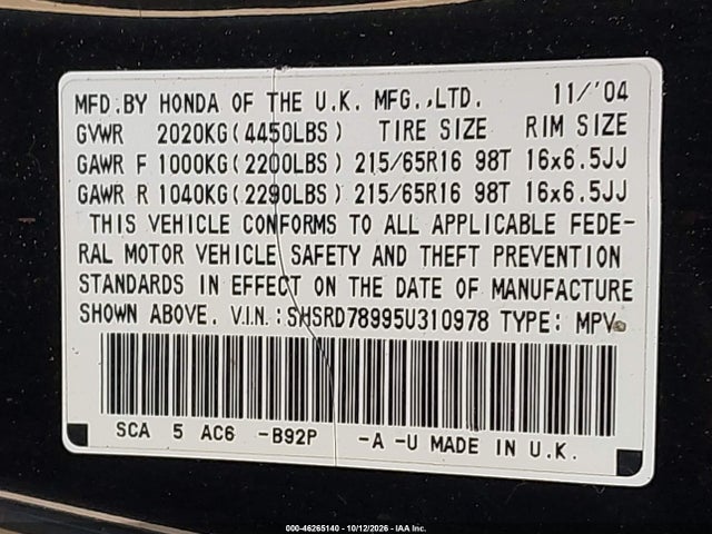 Продаж на аукціоні авто 2005 Honda Cr-v Se, vin: SHSRD78995U310978, номер лоту: 46265140