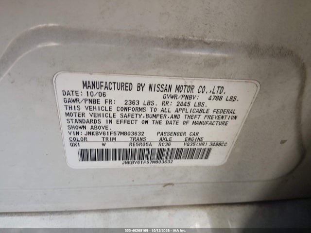 Продаж на аукціоні авто 2007 Infiniti G35x, vin: JNKBV61F57M803632, номер лоту: 46265169