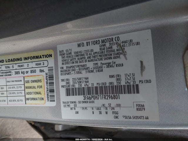 Aukcja sprzedaży 2015 Ford Fusion Se, vin: 3FA6P0H71FR296801, numer aukcji: 46265174