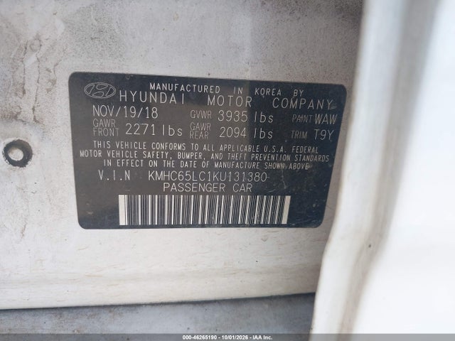 Aukcja sprzedaży 2019 Hyundai Ioniq Hybrid Blue, vin: KMHC65LC1KU131380, numer aukcji: 46265190