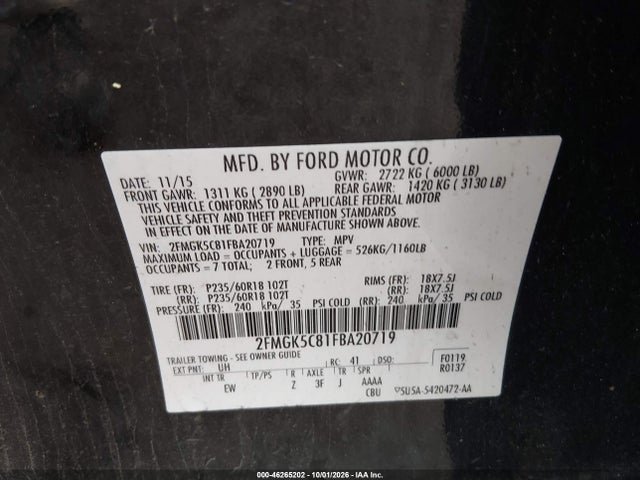 46265202 :رقم المزاد ، 2FMGK5C81FBA20719 vin ، 2015 Ford Flex Sel مزاد بيع
