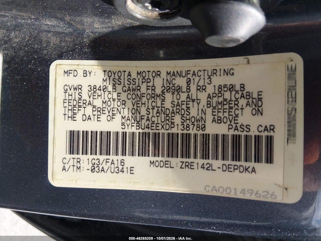 2013 Toyota Corolla L მანქანა იყიდება აუქციონზე, vin: 5YFBU4EEXDP138780, აუქციონის ნომერი: 46265209