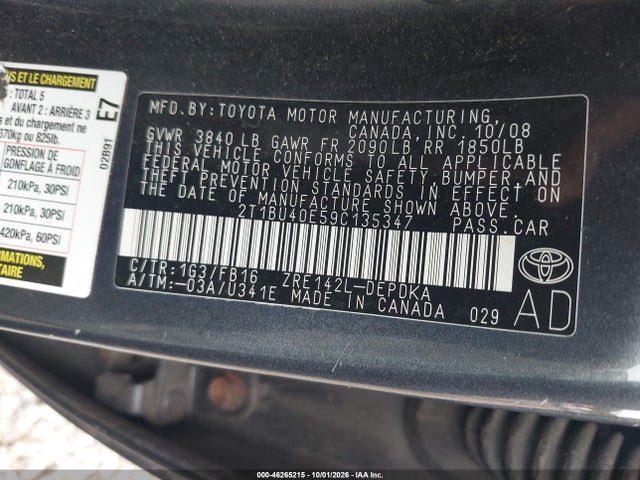 46265215 :رقم المزاد ، 2T1BU40E59C135347 vin ، 2009 Toyota Corolla Le مزاد بيع