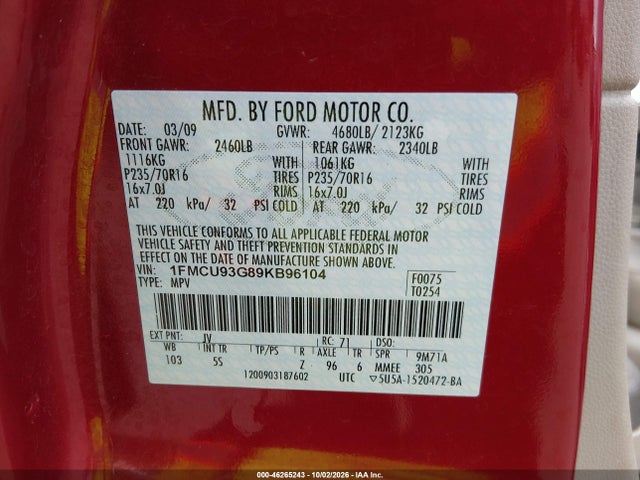 2009 Ford Escape Xlt მანქანა იყიდება აუქციონზე, vin: 1FMCU93G89KB96104, აუქციონის ნომერი: 46265243