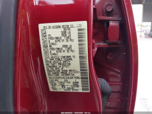 2004 Nissan Xterra Xe მანქანა იყიდება აუქციონზე, vin: 5N1ED28Y64C660706, აუქციონის ნომერი: 46265252