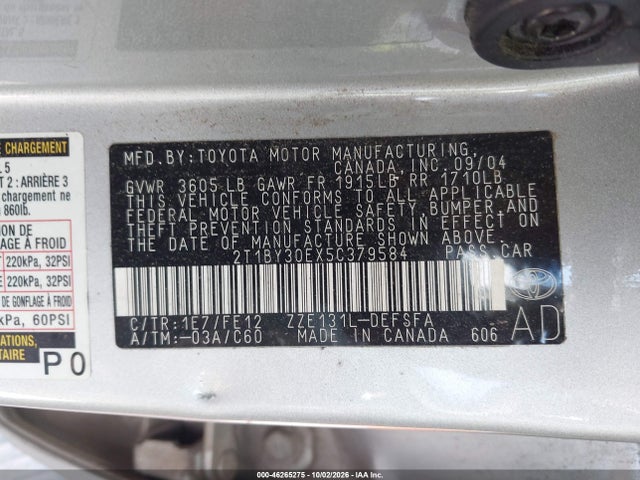 2005 Toyota Corolla Xrs მანქანა იყიდება აუქციონზე, vin: 2T1BY30EX5C379584, აუქციონის ნომერი: 46265275