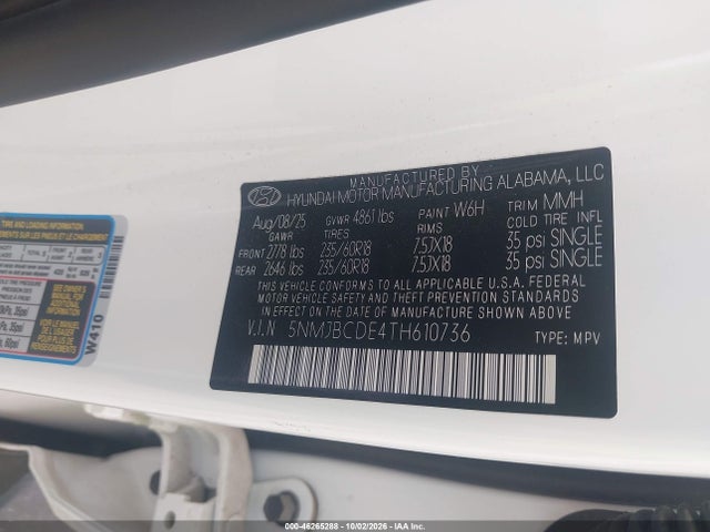Продажа на аукционе авто 2026 Hyundai Tucson Sel, vin: 5NMJBCDE4TH610736, номер лота: 46265288