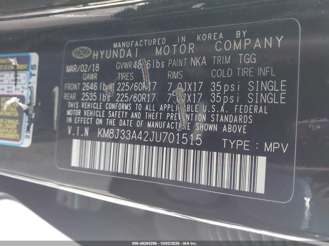 Aukcja sprzedaży 2018 Hyundai Tucson Sel, vin: KM8J33A42JU701515, numer aukcji: 46265296