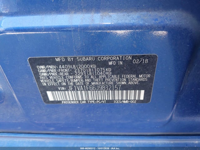 Продажа на аукционе авто 2018 Subaru Wrx Limited, vin: JF1VA1F66J9832157, номер лота: 46265312