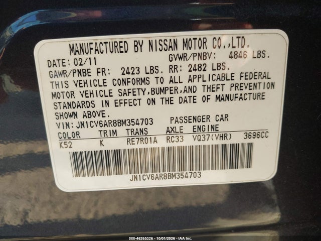 Продаж на аукціоні авто 2011 Infiniti G37x, vin: JN1CV6AR8BM354703, номер лоту: 46265326