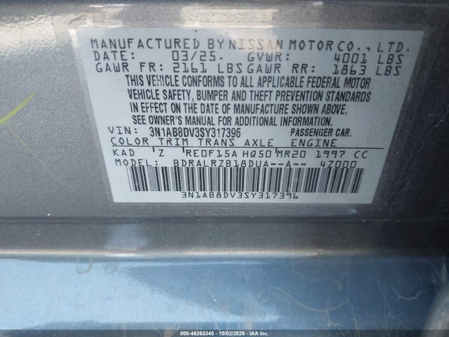 Aukcja sprzedaży 2025 Nissan Sentra Sr, vin: 3N1AB8DV3SY317396, numer aukcji: 46265340