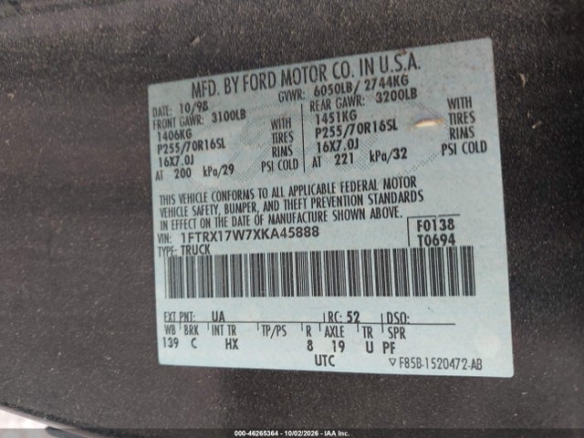 Продаж на аукціоні авто 1999 Ford F150, vin: 1FTRX17W7XKA45888, номер лоту: 46265364