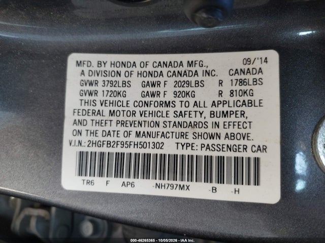 Aukcja sprzedaży 2015 Honda Civic Ex-l, vin: 2HGFB2F95FH501302, numer aukcji: 46265365