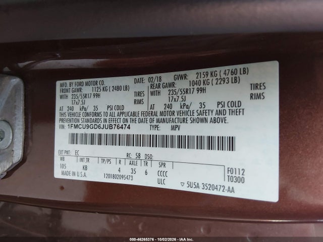 Продаж на аукціоні авто 2018 Ford Escape Se, vin: 1FMCU9GD6JUB76474, номер лоту: 46265376