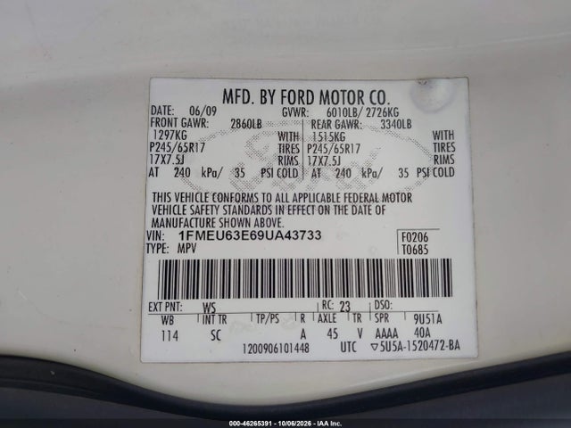 2009 Ford Explorer Xlt მანქანა იყიდება აუქციონზე, vin: 1FMEU63E69UA43733, აუქციონის ნომერი: 46265391