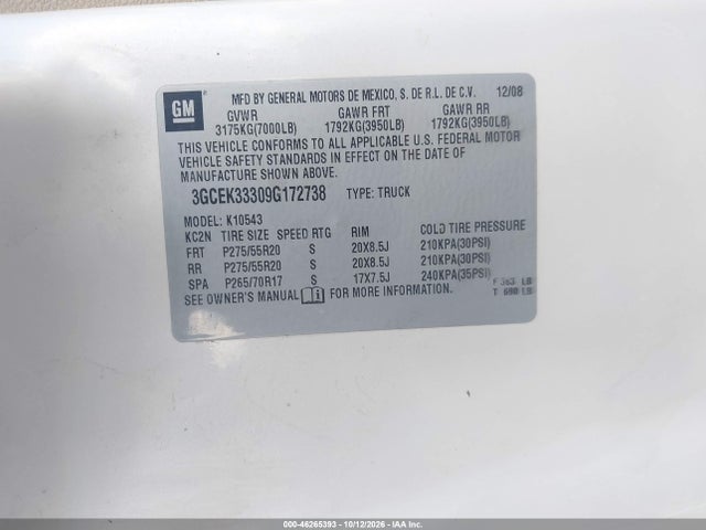 2009 Chevrolet Silverado 1500 Ltz მანქანა იყიდება აუქციონზე, vin: 3GCEK33309G172738, აუქციონის ნომერი: 46265393