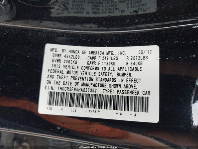 Продаж на аукціоні авто 2017 Honda Accord Touring V6, vin: 1HGCR3F90HA035302, номер лоту: 46265396
