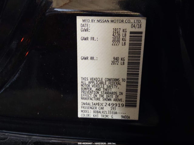 Aukcja sprzedaży 2018 Nissan Altima 2.5 Sl, vin: 1N4AL3AP8JC249919, numer aukcji: 46265407