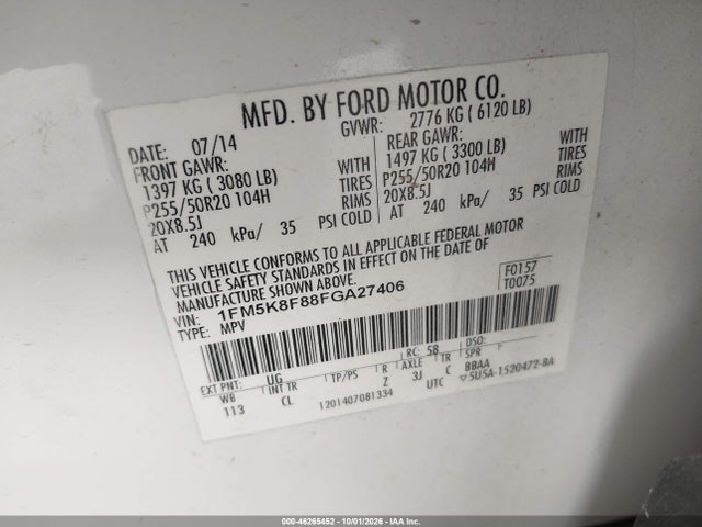Продажа на аукционе авто 2015 Ford Explorer Limited, vin: 1FM5K8F88FGA27406, номер лота: 46265452