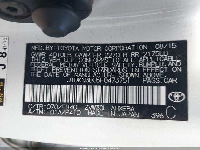 Aukcja sprzedaży 2015 Toyota Prius Two, vin: JTDKN3DU5F0473751, numer aukcji: 46265453