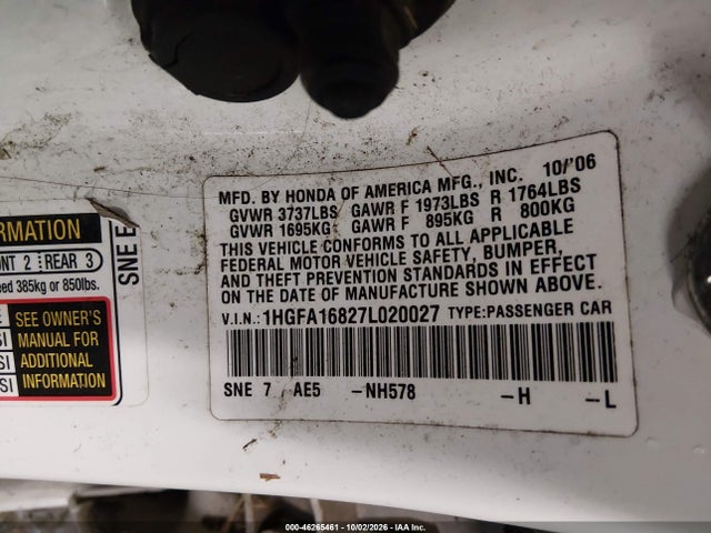 Продаж на аукціоні авто 2007 Honda Civic Ex, vin: 1HGFA16827L020027, номер лоту: 46265461