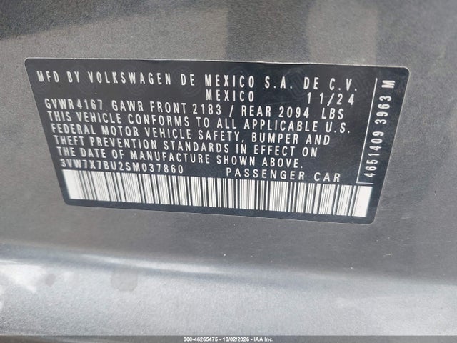 2025 Volkswagen Jetta 1.5t Se მანქანა იყიდება აუქციონზე, vin: 3VW7X7BU2SM037860, აუქციონის ნომერი: 46265475