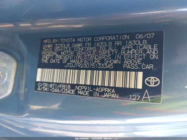 46265481 :رقم المزاد ، JTDJT923075133345 vin ، 2007 Toyota Yaris مزاد بيع