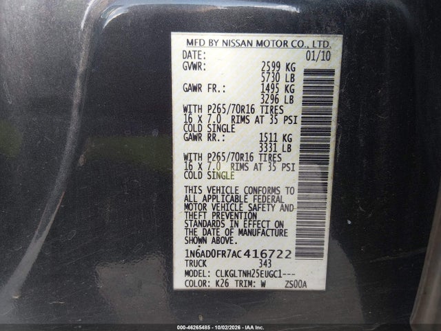 Продажа на аукционе авто 2010 Nissan Frontier Se, vin: 1N6AD0FR7AC416722, номер лота: 46265485