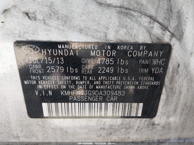 Aukcja sprzedaży 2013 Hyundai Azera, vin: KMHFH4JG9DA309483, numer aukcji: 46265496