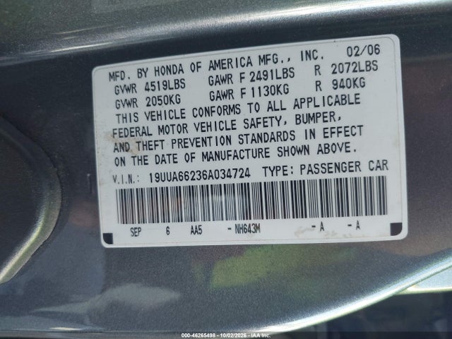 Продажа на аукционе авто 2006 Acura Tl, vin: 19UUA66236A034724, номер лота: 46265498
