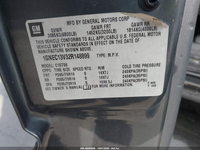 46265500 :رقم المزاد ، 1GNEC13V32R148899 vin ، 2002 Chevrolet Tahoe Ls مزاد بيع