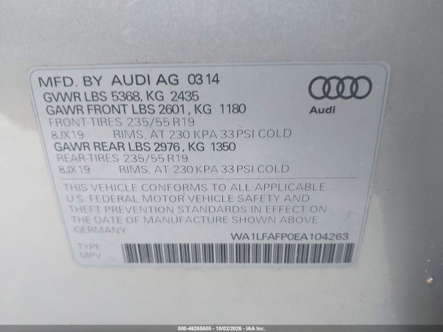 2014 Audi Q5 2.0t Premium მანქანა იყიდება აუქციონზე, vin: WA1LFAFP0EA104263, აუქციონის ნომერი: 46265505