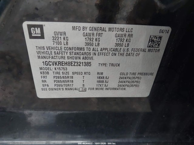 Продаж на аукціоні авто 2014 Chevrolet Silverado 1500 1lt, vin: 1GCVKREH8EZ321385, номер лоту: 46265522